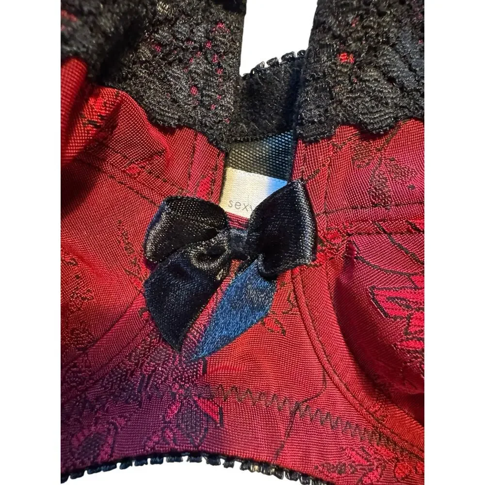 Cacique Women’s 40DD Brasatiny Red Black Lace Valentines Romantic‎ Sexy